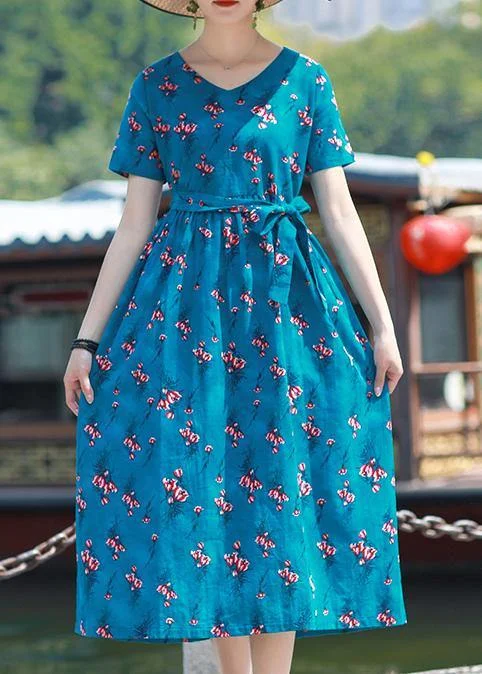 Hot Deal Bohemian blue green print cotton v neck tie waist tunic summer Dresses