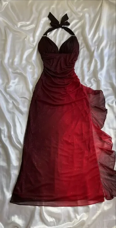 Extra Savings Burgundy V Neck Halter Shiny Vintage Long Prom Dress, DP2118