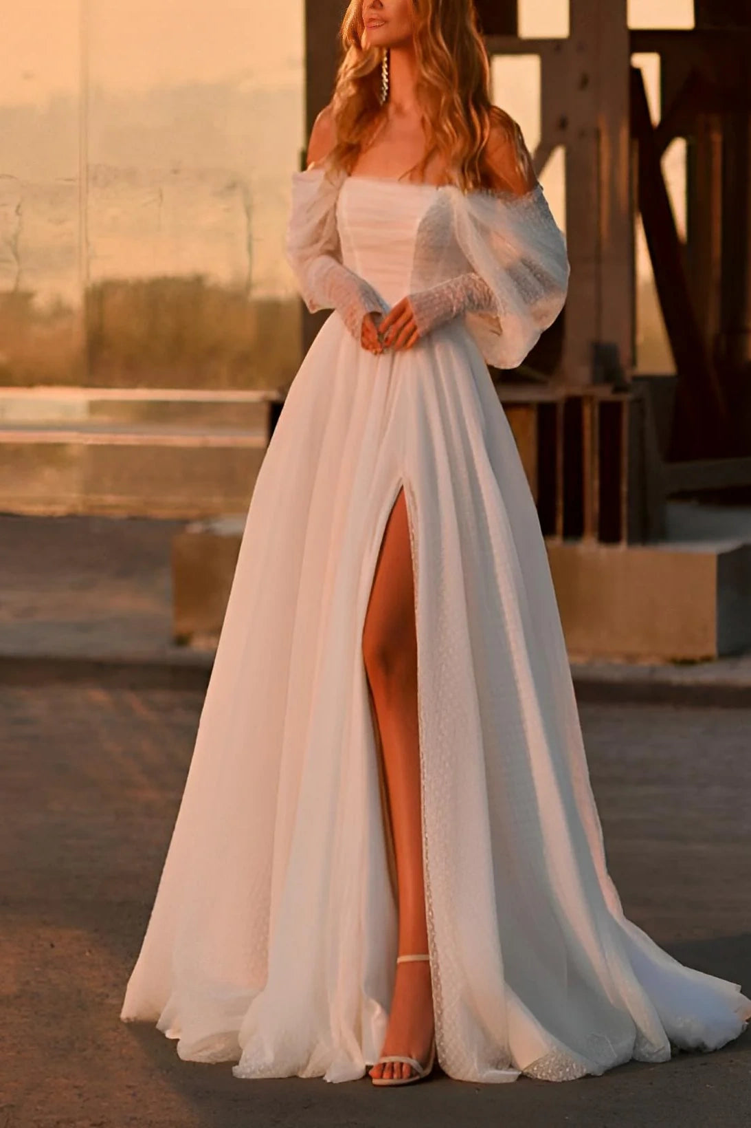 Huge Discounts Off-Shoulder Tulle A-Line Beach Wedding Dress With Slit
