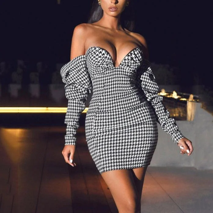 Overstock KittenAlarm - Andi Allover Houndstooth Off Shoulder Dress