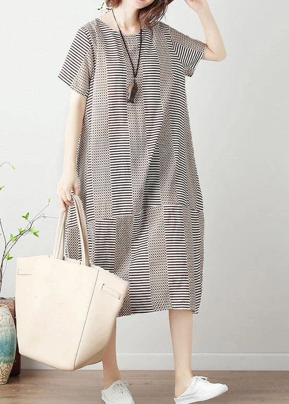 Overstock Bohemian light khaki striped Cotton tunics for women o neck patchwork cotton summer Dress Overstock Bohemian light khaki striped Cotton tunics for women o neck patchwork cotton summer Dress