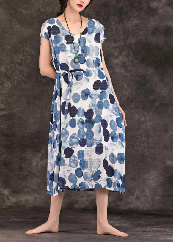 Discount Extravaganza DIY blue dotted linen clothes For Women o neck tie waist Kaftan summer Dresses Discount Extravaganza DIY blue dotted linen clothes For Women o neck tie waist Kaftan summer Dresses