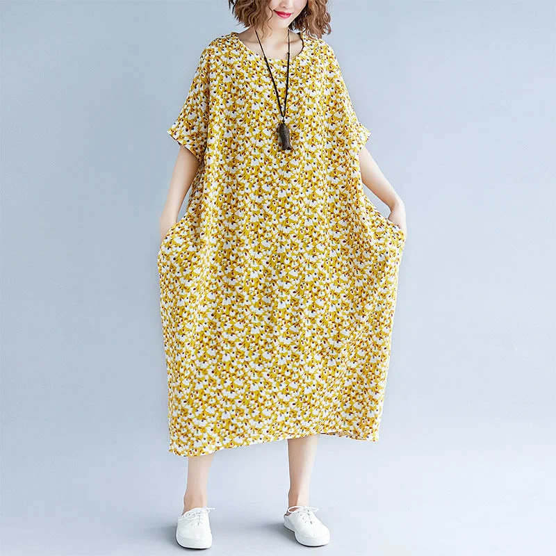 Price Drop fashion yellow cotton linen dresses casual print short sleeve cotton gown fine o neck dresses Price Drop fashion yellow cotton linen dresses casual print short sleeve cotton gown fine o neck dresses