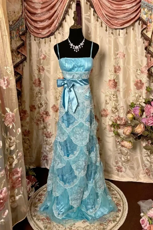 Markdowns Blue Spaghetti Straps Sheath Satin Lace Long Party Dress Evening Gown, DP4505 Markdowns Blue Spaghetti Straps Sheath Satin Lace Long Party Dress Evening Gown, DP4505