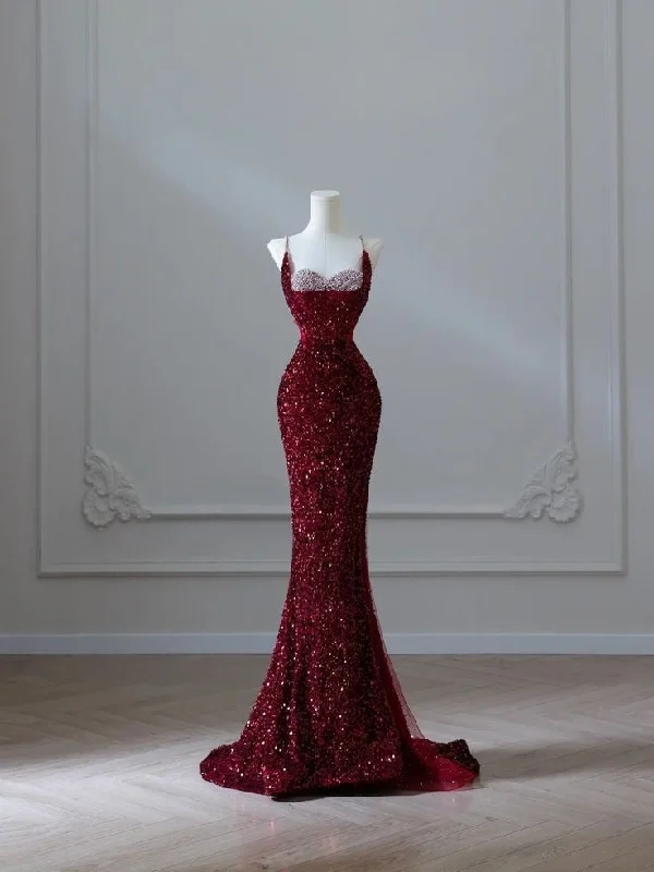 New Deals Wine Red Straps Sequins Mermaid Long Party Dress Evening Gown, DP4504