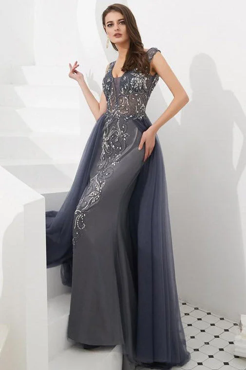 Savings Spectacular Elegant Grey Beaded Long Prom Dress with Open Back