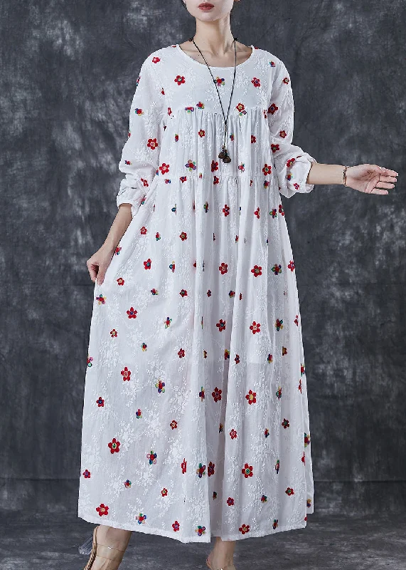Deep Discounts French White Embroidered Floral Cotton Maxi Dress Spring