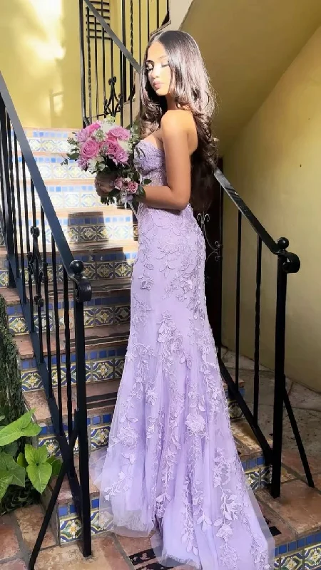 Special Discount Elegant Strapless Tulle Lace Appliques Lilac Mermaid Evening Prom Dresses Y7873 Special Discount Elegant Strapless Tulle Lace Appliques Lilac Mermaid Evening Prom Dresses Y7873