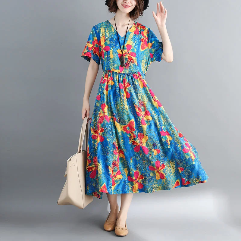Price Reduction fashion blue long cotton linen dress oversized print Cinched dresses Fine drawstring v neck cotton linen dress Price Reduction fashion blue long cotton linen dress oversized print Cinched dresses Fine drawstring v neck cotton linen dress