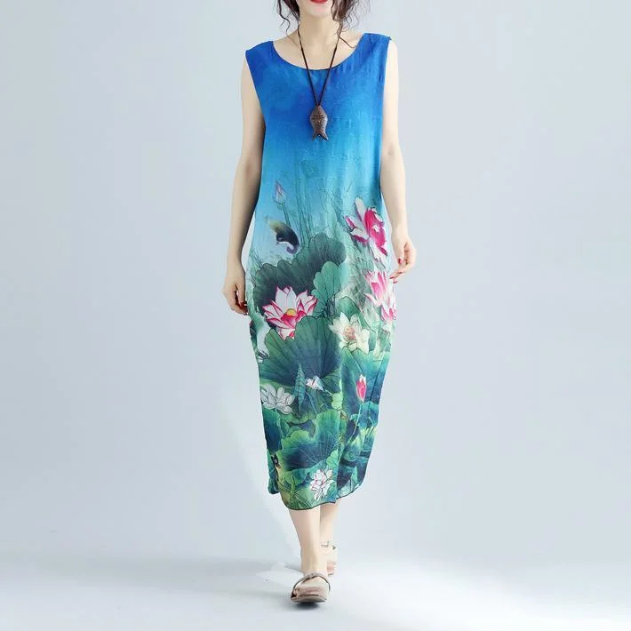 Customer Appreciation Sale fine blue floral long cotton dress plussize sleeveless long cotton dresses boutique side open cotton clothing dresses Customer Appreciation Sale fine blue floral long cotton dress plussize sleeveless long cotton dresses boutique side open cotton clothing dresses