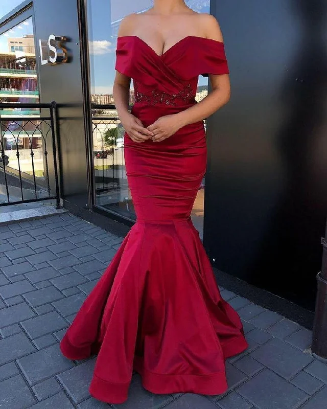 Price Cut Elegant Burgundy Off Shoulder Mermaid Formal Party Dress, DP2108