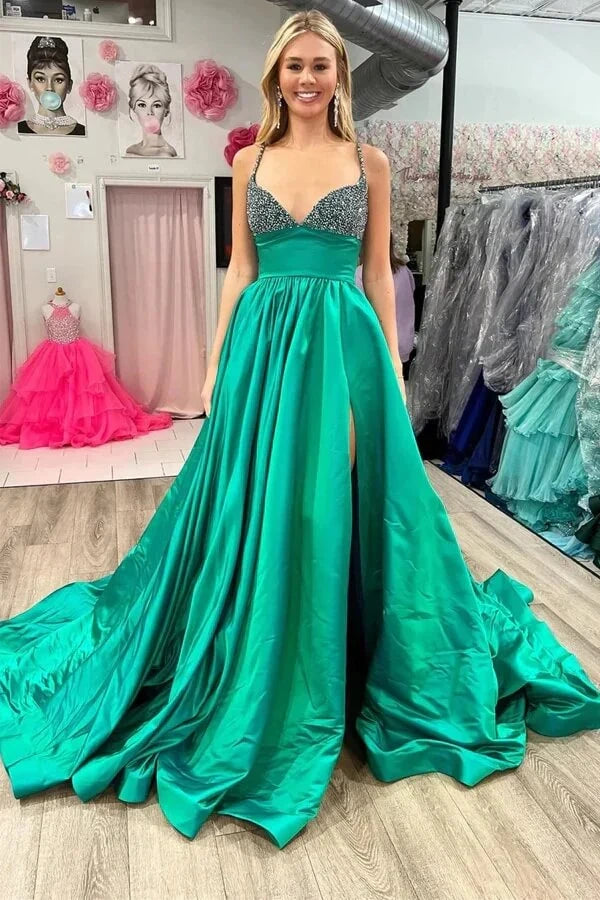 Special Promotion Green Satin A-Line Spaghetti Straps Prom Party Dress