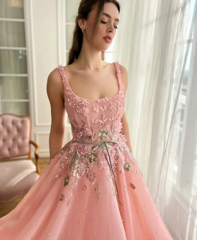 Hurry In Rose Pink Evening Dress Fashion Pearls Flowers A Line Special Occasions Square Neck Customized Women Party Prom Gown Zipper Back Hurry In Rose Pink Evening Dress Fashion Pearls Flowers A Line Special Occasions Square Neck Customized Women Party Prom Gown Zipper Back