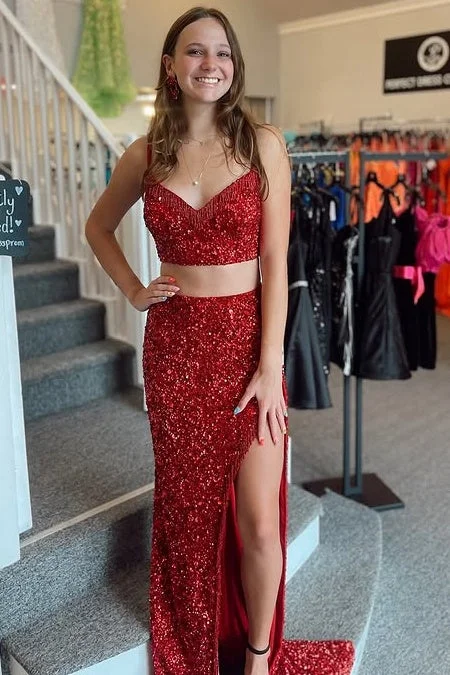 Members Only Red Sequins Two Piece V-Neck Sleeveless  Party Prom Dress