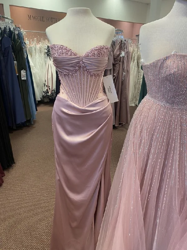Limited Time Discount Pink Sweetheart Neck Beading Satin Sheath Long Party Dress Prom Dress, DP4535