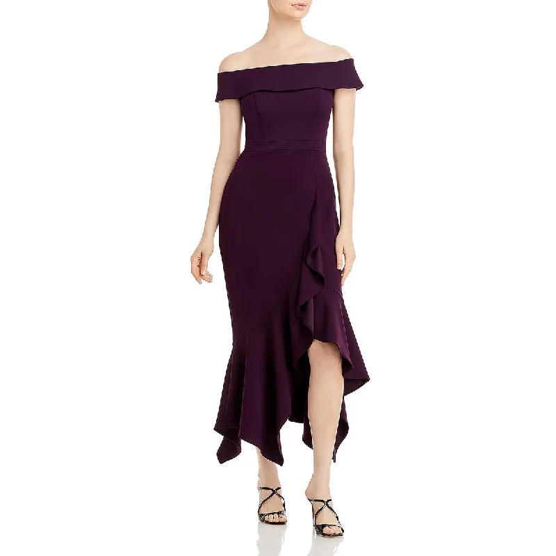 Anniversary Sale Aqua Womens Off-The-Shoulder Midi Cocktail and Party Dress