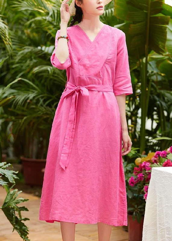 Price Cut Chic rose linen outfit v neck patchwork Robe summer Dresses