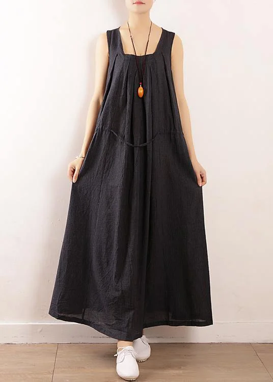 Sale Event Elegant dark blue linen cotton Robes Fine Sewing Sleeveless drawstring Maxi Summer Dresses Sale Event Elegant dark blue linen cotton Robes Fine Sewing Sleeveless drawstring Maxi Summer Dresses