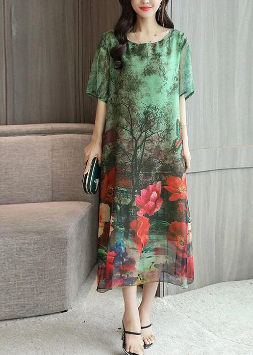 Flash Sale DIY o neck silk Tunics Work Outfits green print loose Dresses summer
