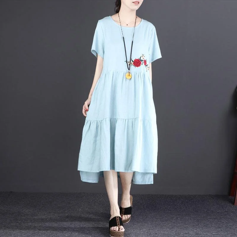 Savings Galore Fine linen dress oversized Short Sleeve Embroidered Flax Irregular Blue Dress Savings Galore Fine linen dress oversized Short Sleeve Embroidered Flax Irregular Blue Dress