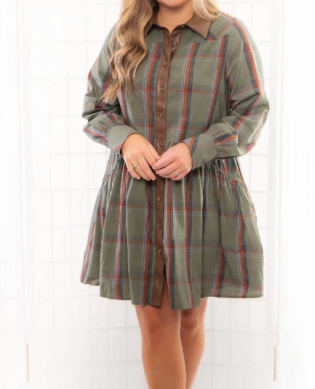 Can't Miss Plaid Faux Leather Trim Button Down Dress In Green