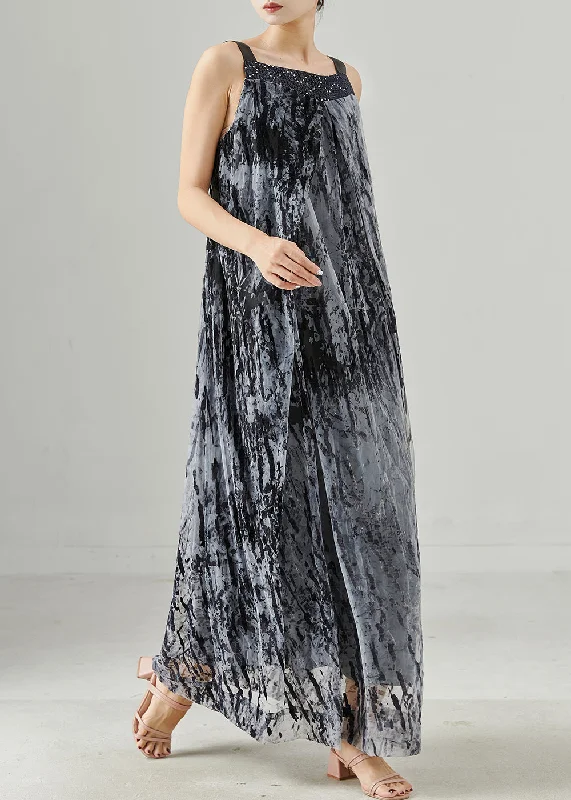 Today’s Deal DIY Grey Print Chiffon Spaghetti Strap Dress Summer