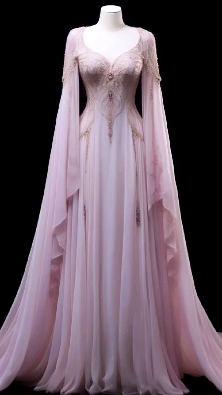 Closeout Pink A-Line Long Sleeves Long Prom Dress Formal Evening Gown, DP4521
