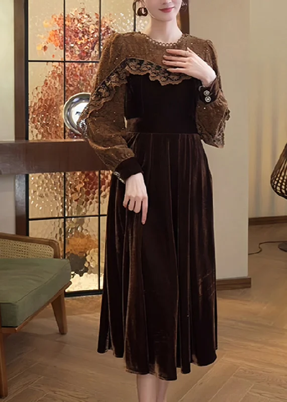Lowest Price Elegant Coffee Lace Patchwork Silk Velvet Dress Spring