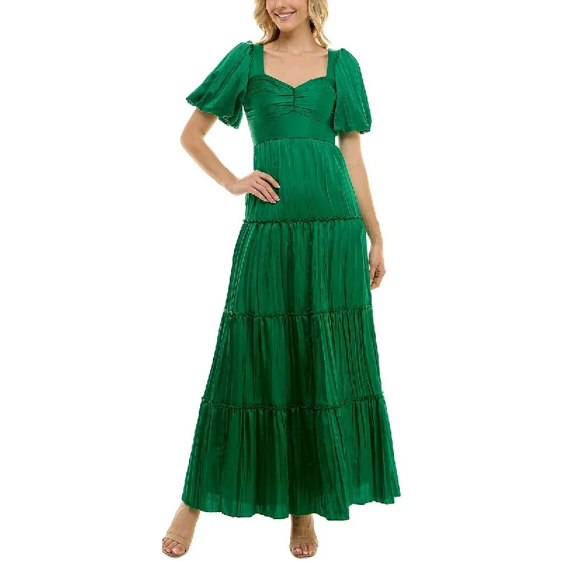 Exclusive Preview Crystal Doll Womens Juniors Satin Puff Sleeve Evening Dress