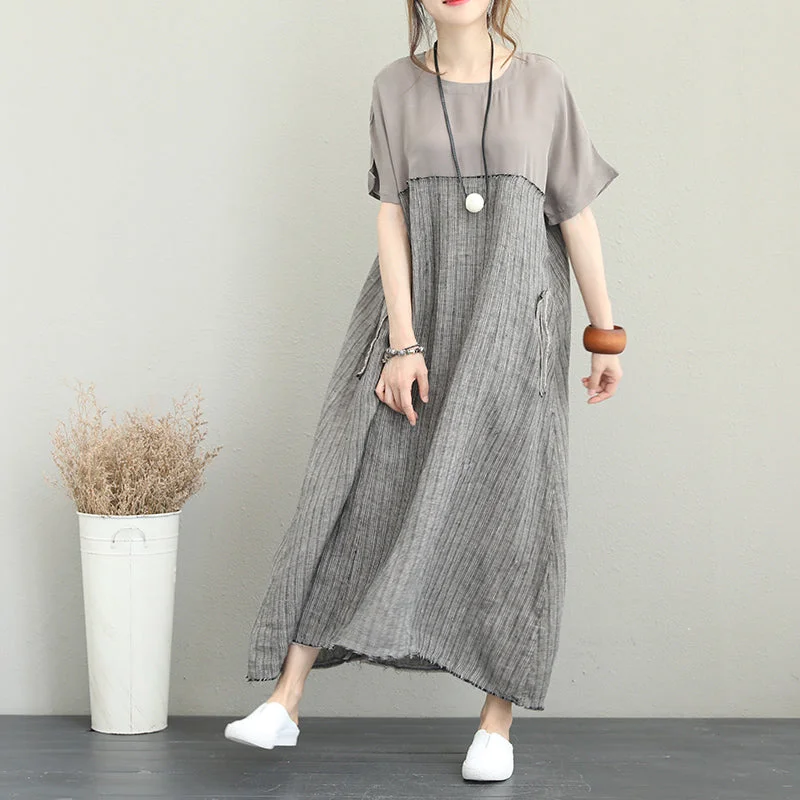 Reduced Prices Fine gray long silk linen dress plus size patchwork linen gown fine short sleeve caftans Reduced Prices Fine gray long silk linen dress plus size patchwork linen gown fine short sleeve caftans