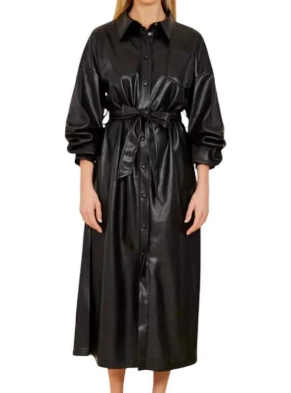 Epic Deals Vegan Leather Ruched Sleeve Maxi Dress In Black