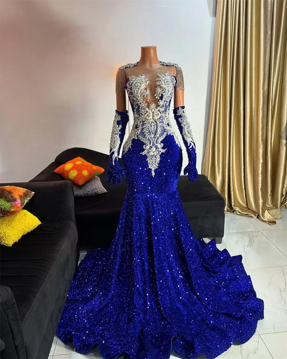 Holiday Sale Luxury Royal Blue Sequin Mermaid Prom Dresses Crystal Beading Tassles With Gloves Mermaid African For Black Girl Holiday Sale Luxury Royal Blue Sequin Mermaid Prom Dresses Crystal Beading Tassles With Gloves Mermaid African For Black Girl