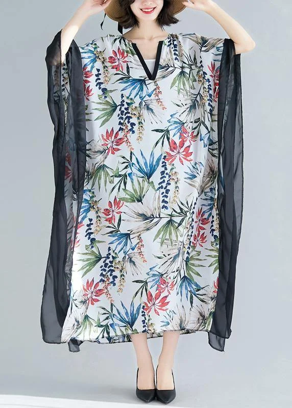 Today’s Special Flowy v neck patchwork chiffon outfit Plus Size Online Shopping white print Kaftan Dresses Summer