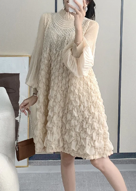 Limited Time Discount French Beige Stand Collar Wrinkled Nail Bead Mid Dress Lantern Sleeve