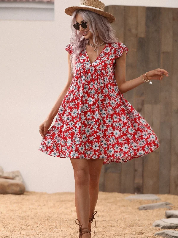 Midnight Sale KittenAlarm - Allover Print V Neck Smocked Flare Dress