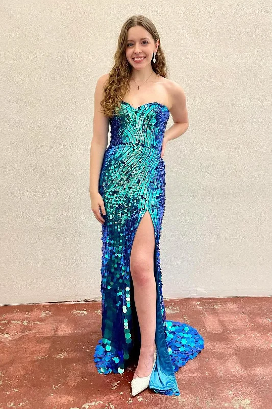 Weekend Deal Blue Sweetheart Sequins Mermaid Long Prom Dress with Slit, DP2142