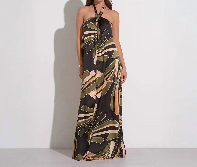 Massive Deals Halter Tie Back Maxi Dress In Auve Abstract Print