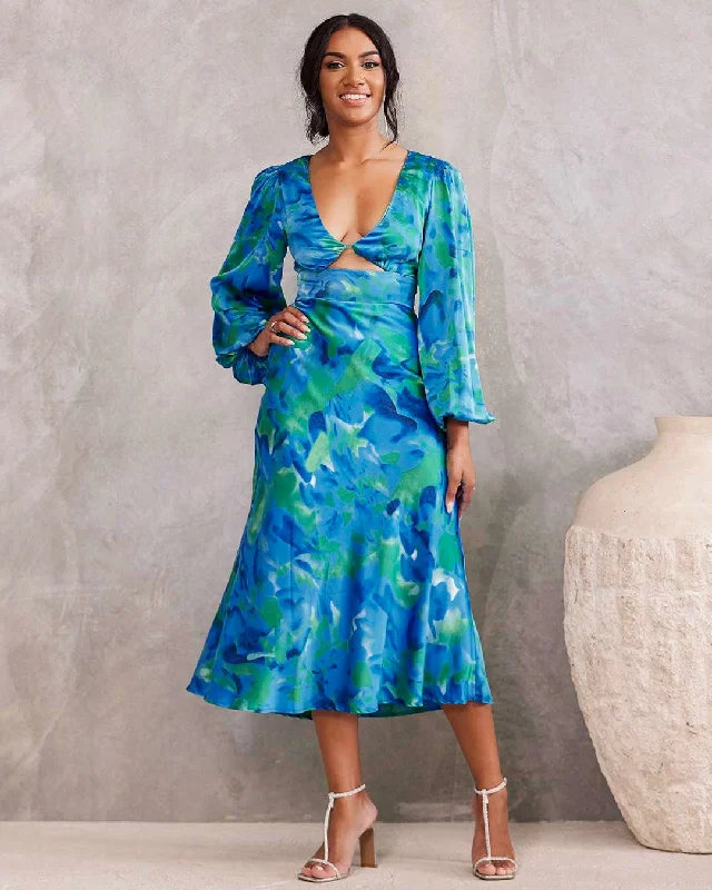 Exclusive Preview Kora Satin Midi Dress - Green/Blue Print
