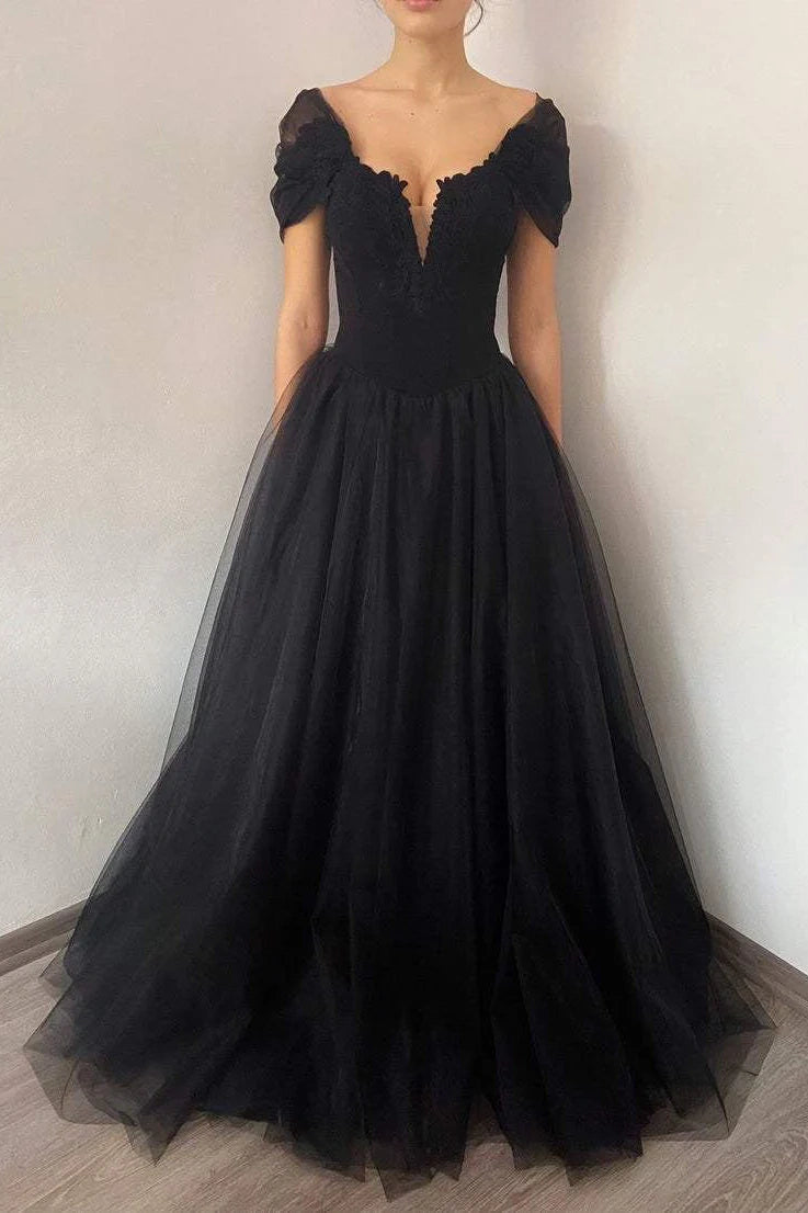 Unmissable Offer Black Off-Shoulder Tulle A-Line Appliques Party Prom Dress