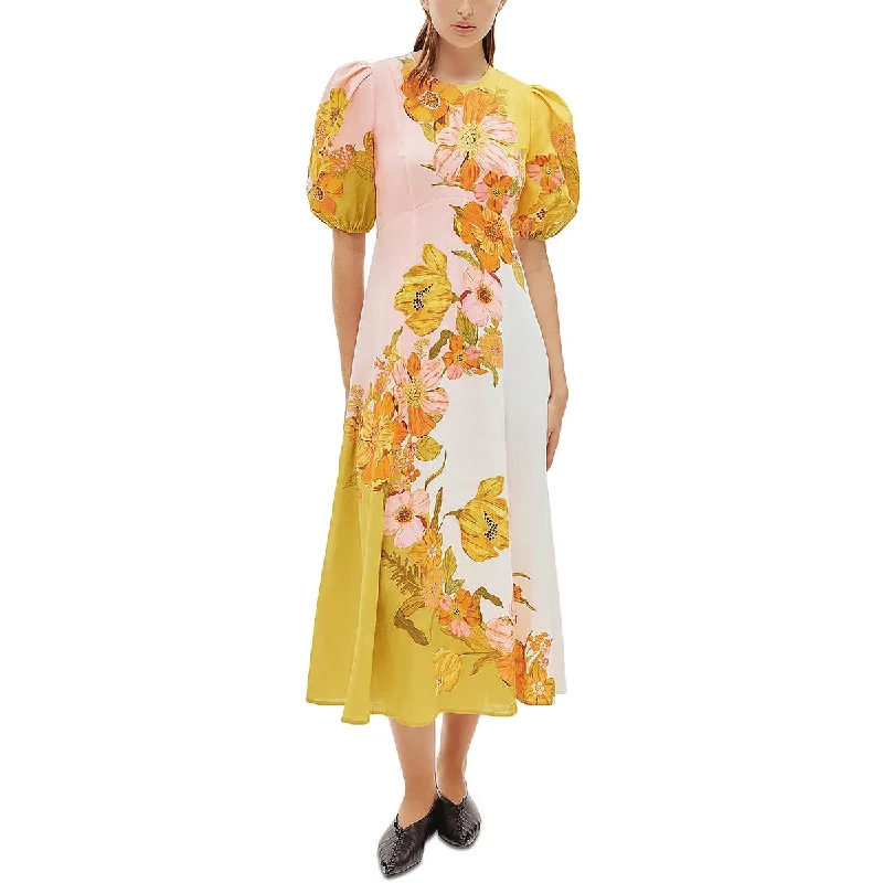 Super Bargain Womens Midi Puff Sleeves Midi Dress