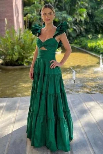 Bargain Prices Green Satin A-Line Ruffled Long Party Prom Dress