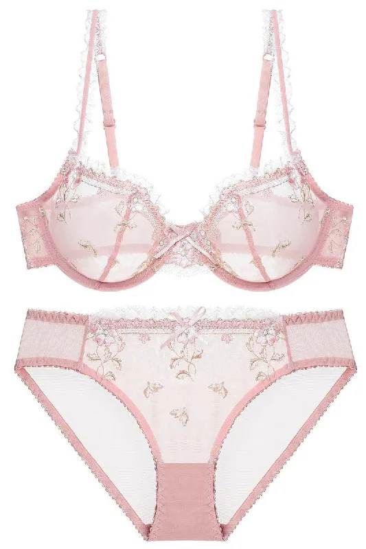 Members Only Elegant Illusion Pink Floral Lace Lingerie Set with Appliques