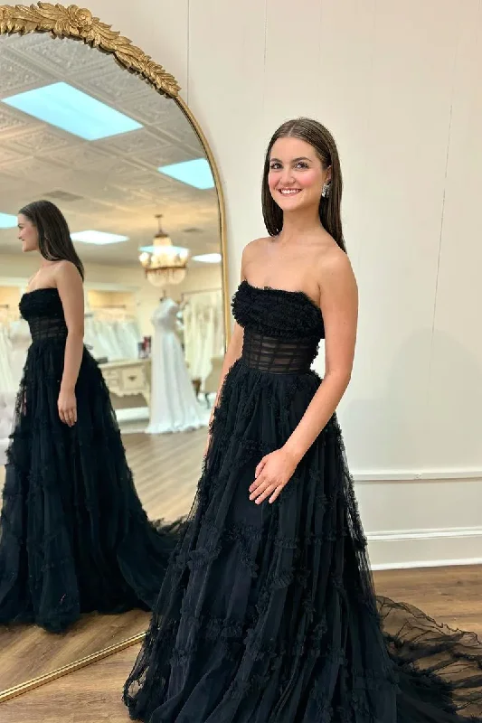 Must-Have Deals Black Strapless Ruffle Tulle A-Line Long Prom Dress, DP2129