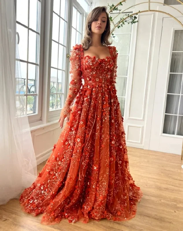 Special Savings Customize Red 3D Flowers Lace robes de soirée Long Sleeves Backless Strapless Prom Dresses Floor-Length Wedding Dress