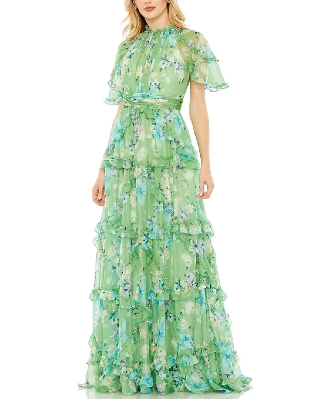 Buy More, Save More Mac Duggal Floral Print Chiffon Cascading Ruffle Raglan Gown