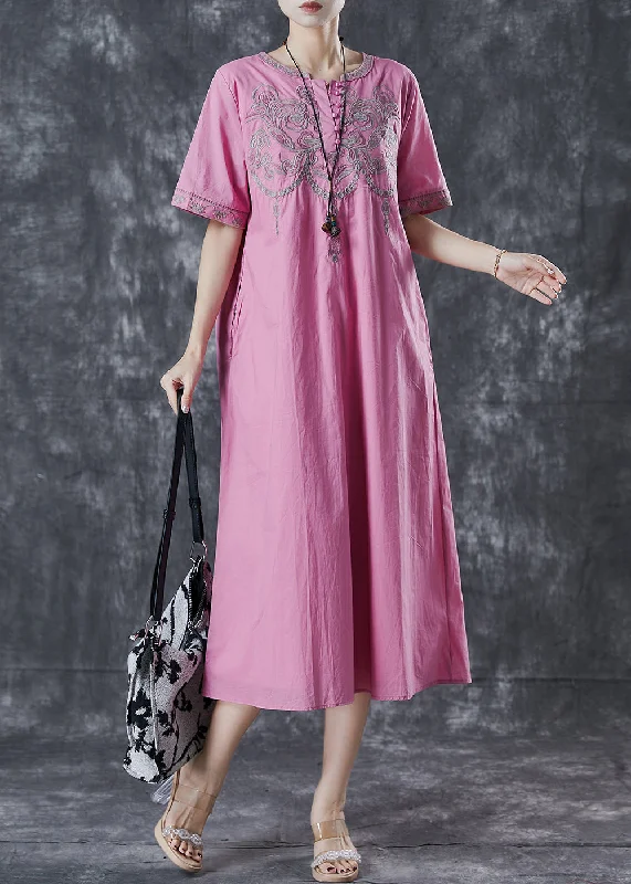 Super Sale Vintage Pink Embroidered Cotton Long Dress Summer