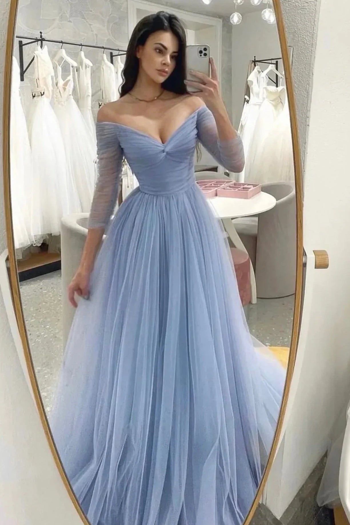 Anniversary Sale Tulle A-Line Off-Shoulder Quarter Sleeves Party Prom Dress