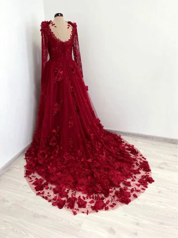 Act Fast Red gothic 3D floral lace gown with a train, alternative fantasy blood red wedding dress Act Fast Red gothic 3D floral lace gown with a train, alternative fantasy blood red wedding dress