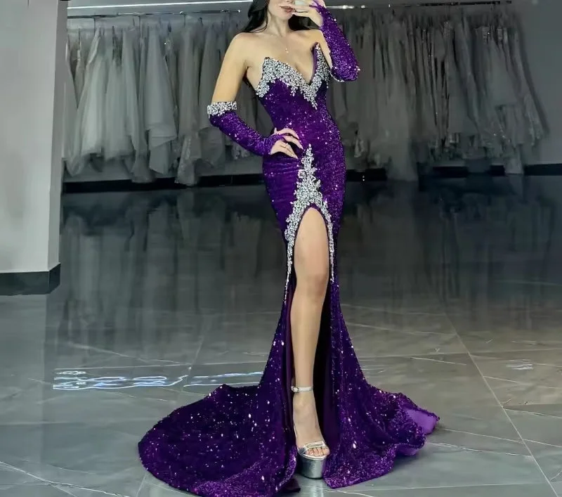 Warehouse Sale Eightale Purple Sequin Evening Dress With Gloves High Slit Beaded Sweetheart Prom Dress Dubai Formal Party Gown Customized Warehouse Sale Eightale Purple Sequin Evening Dress With Gloves High Slit Beaded Sweetheart Prom Dress Dubai Formal Party Gown Customized