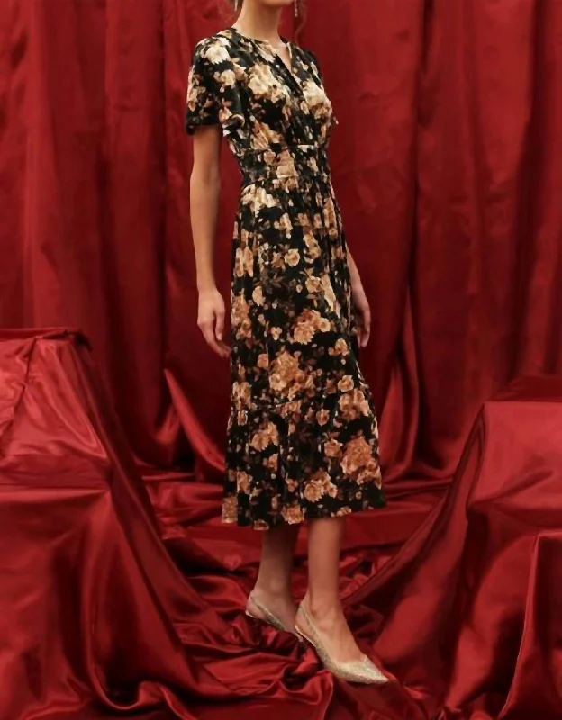TIME-Limited Offer Floral Velvet Splice Shirred Dress In Black Multi